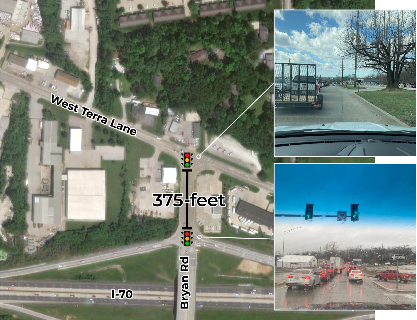 map of intersection lights at West Terra Lane and Bryan Road